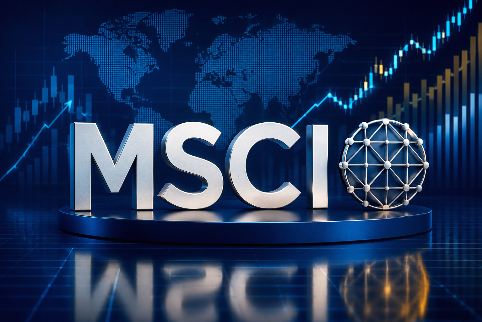 Logo MSCI dengan latar belakang grafik pasar modal yang menunjukkan pergerakan indeks saham