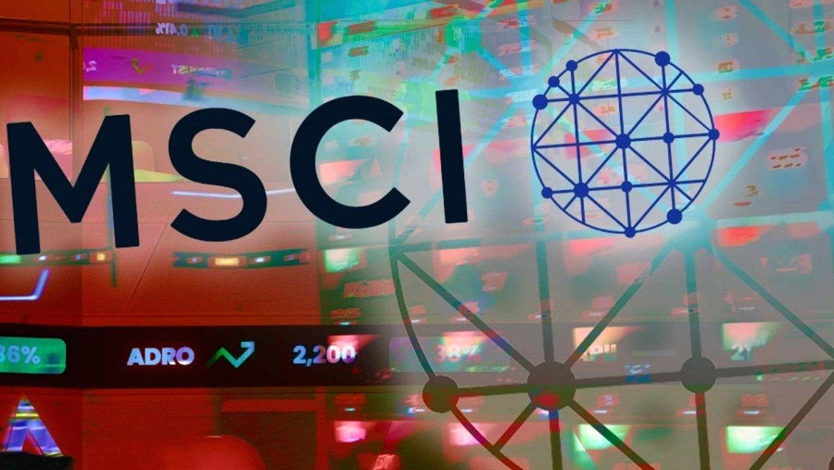Logo MSCI dengan latar belakang grafis pasar saham global yang melambangkan pembaruan aturan indeks
