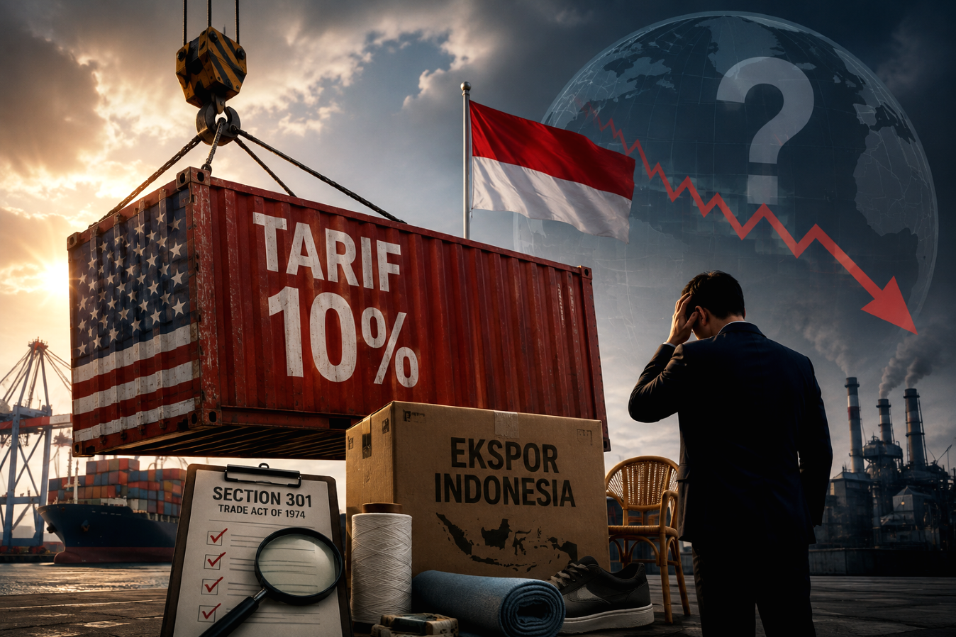 Pekerja di pabrik manufaktur Indonesia yang terdampak kebijakan tarif impor baru Amerika Serikat.